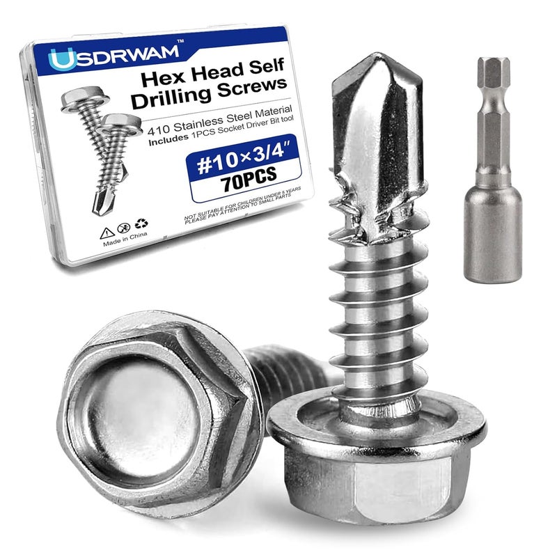 Usdrwam 70Pcs #10×3/4" Self Tapping Screws for Metal, 410 Stainless Steel Hex Washer Head Sheet Metal Screw - Image 1